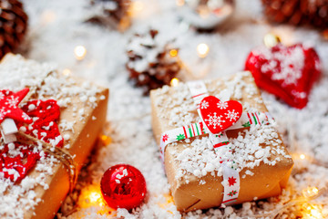 Christmas and New year background with presents, ribbons, balls