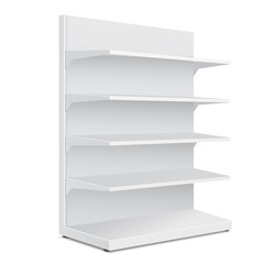 White Long Blank Empty Showcase Displays With Retail Shelves Products On White Background Isolated. Ready For Your Design. Product Packing. Vector EPS10