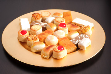 golden tray with marzipan Christmas