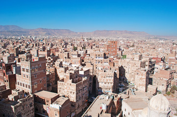 Obraz premium La città vecchia di Sana'a, case decorate, palazzi, minareti, moschee, Yemen
