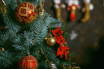 Beautiful color christmas decorations hanging on christmas tree