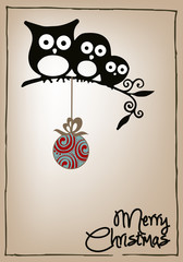 Merry Christmas card with owls