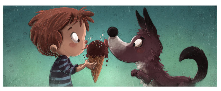 niño y perro comiendo helado