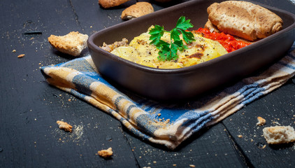 Homemade Moussaka served with bread and chutney (East European cuisine)