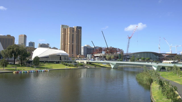 4k moving shot of River Torrens in downtown Adelaide, Australia in the daytime