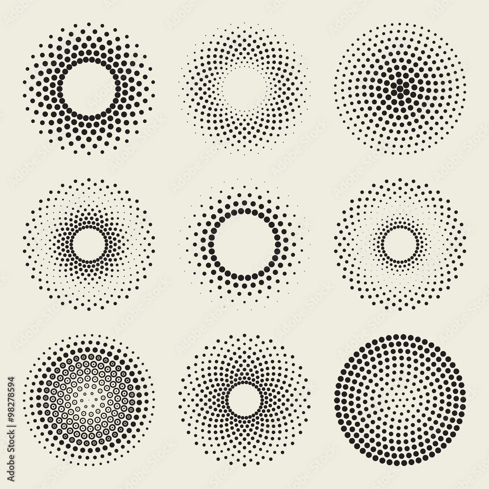 Wall mural vector radial gradient halftone sunburst circle shape stippling design elements