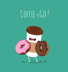 Coffee and donuts illustration. Vector cartoon. Friends forever. Comic characters.