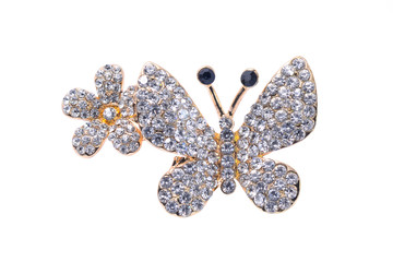 Brooch butterfly and flower isolated on white