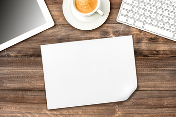 Obraz na płótnie Canvas Workplace with coffee, paper, digital tablet pc. Office desk