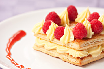 Raspbey Tart with Fresh Cream in Puff Pastry