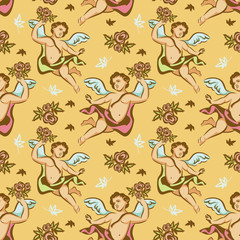 Seamless pattern with roses and cherubs