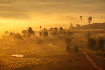 Misty morning sunrise in Khao Takhian Ngo View Point at Khao-kho