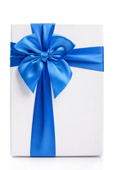 White gift Box with blue ribbon Isolated on white background