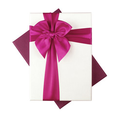 White gift Box with pink ribbon Isolated on white background
