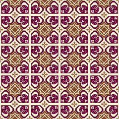 Seamless background image of vintage purple heart star geometry pattern.
