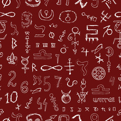 Seamless background with mystic symbols on red