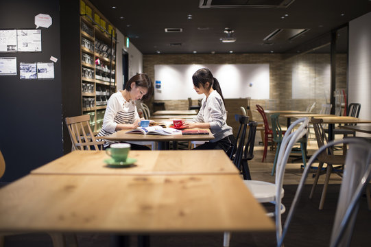 Two women are studying in a cafe