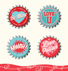 Fototapeta na wymiar retro valentine designs for gift tags, stickers and cards. bottle caps set 2