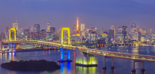 Fototapeta na wymiar Beautiful night view of Tokyo Bay , Rainbow bridge and Tokyo Tower landmark..
