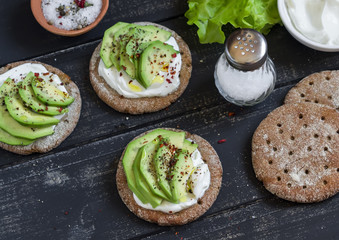 Healthy avocado sandwiches,  on a dark wooden surface. Healthy breakfast or snack