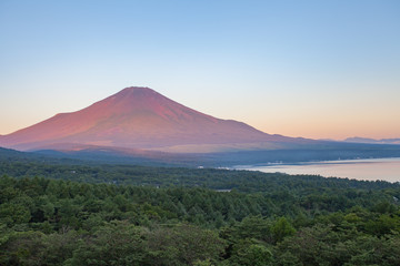 Fototapeta premium Red color at Top of Mountain Fuji in summer early morning seen from Lake Yamanaka , Yamanashi prefecture