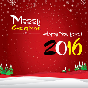 Merry Christmas and Happy New Year 2016. The white snow and Christmas tree on red background.