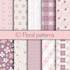 Cute floral seamless patterns collection. Vector illustration can be used for sweet romantic wallpaper, pattern fill surface, web page background. Pattern swatches included in file.
