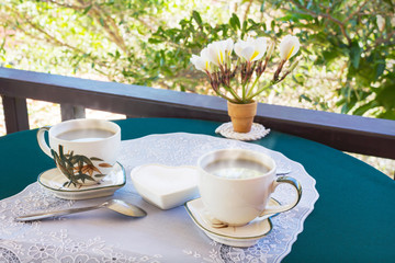 Relaxing time and happiness with two cups of black coffee with s