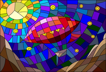 Fototapeta premium The airship against the starry night sky in the stained glass style