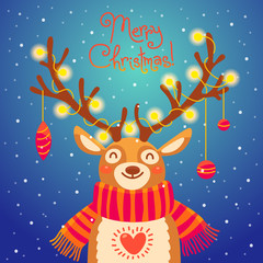 Christmas card Cute cartoon deer with garlands on the horns and scarf