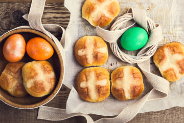 Homemade Easter hot cross buns and eggs, top view