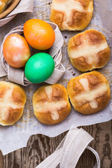 Homemade Easter hot cross buns and eggs, top view