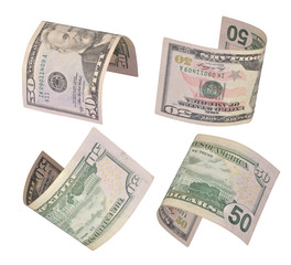 Set of flying fifty dollars bills isolated