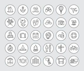 Hand drawn travel icons. Vector traveling signs and symbols