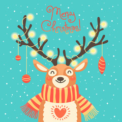 Christmas card Cute cartoon deer with garlands on the horns and scarf