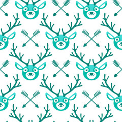 Hipster seamless pattern with deer and arrows. 