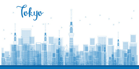 Panele Szklane  Zarys wieżowce Tokyo City w kolorze niebieskim.