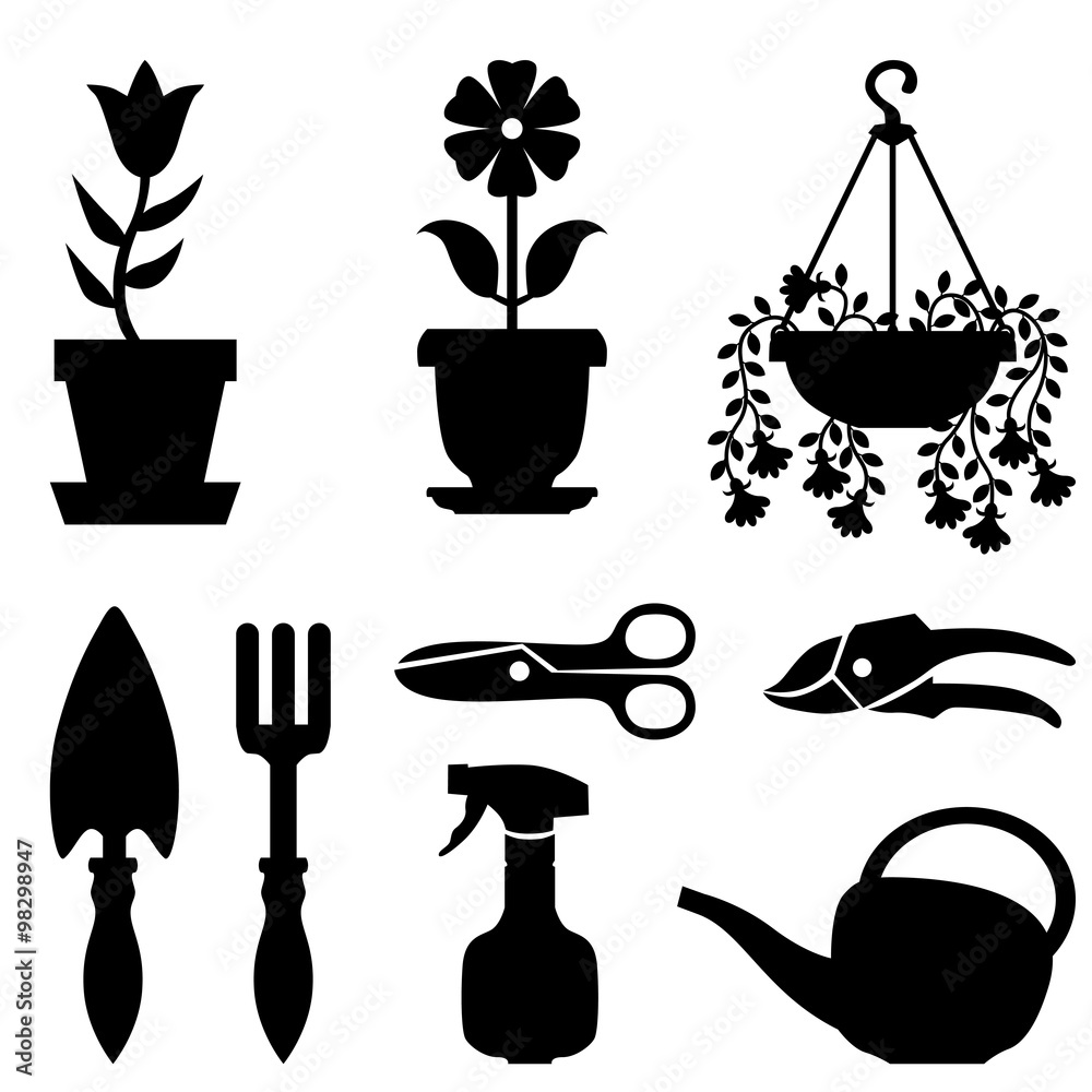 Wall mural Set of pot plants and tools for their care