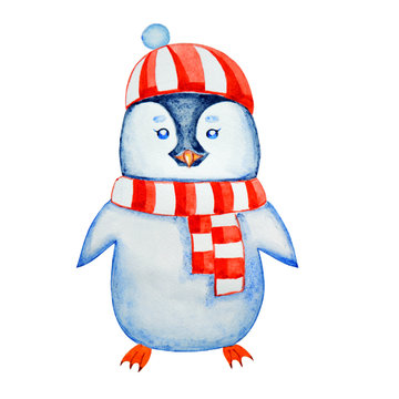Penguin in a striped hat and scarf