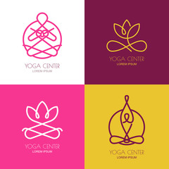 Yoga outline logo design elements. Set of vector yoga icons and