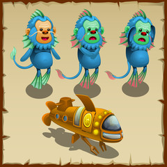 Three underwater blue monkeys and yellow submarine
