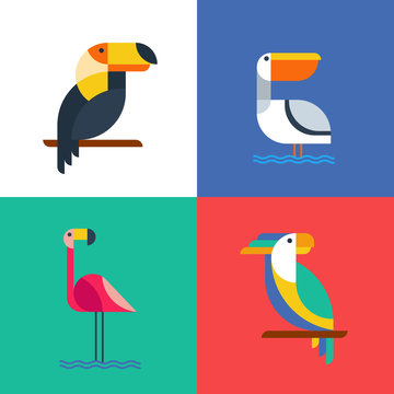 Exotic tropical birds flat style logo icons.