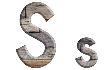 Alphabet made from wood, isolated on white background.