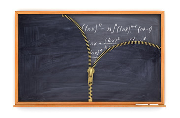  classroom blackboard open by zipper and blackboard with mathema