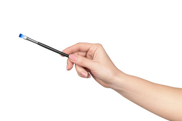 the hand holds professional eyeshadow brush for makeup isolated