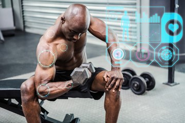 Composite image of young bodybuilder doing weightlifting 
