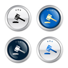 Justice seals or icons with hammer symbol. Glossy silver seals or buttons.