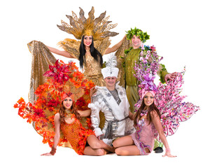 Fototapeta premium dancer team wearing carnival costumes dancing
