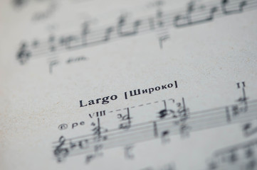 Musical tempo "Largo" in a music book close up