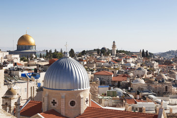 Jerusalem panoramic to roof view of sacred places  christians, jewish and muslims